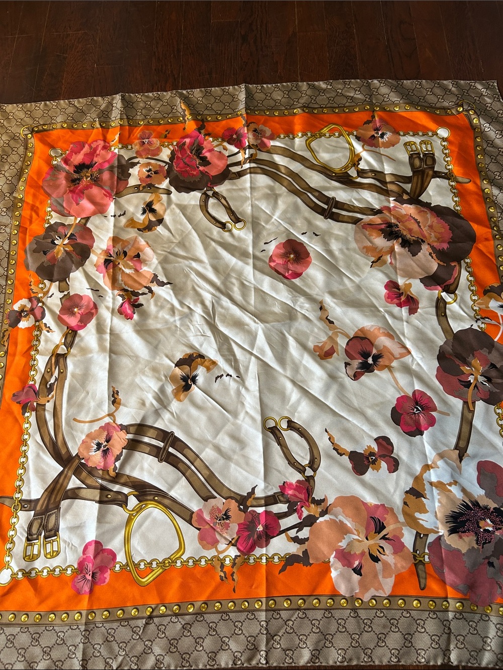 Gucci Floral Square Scarf - Orange, Pink, Brown - Picture 4 of 5